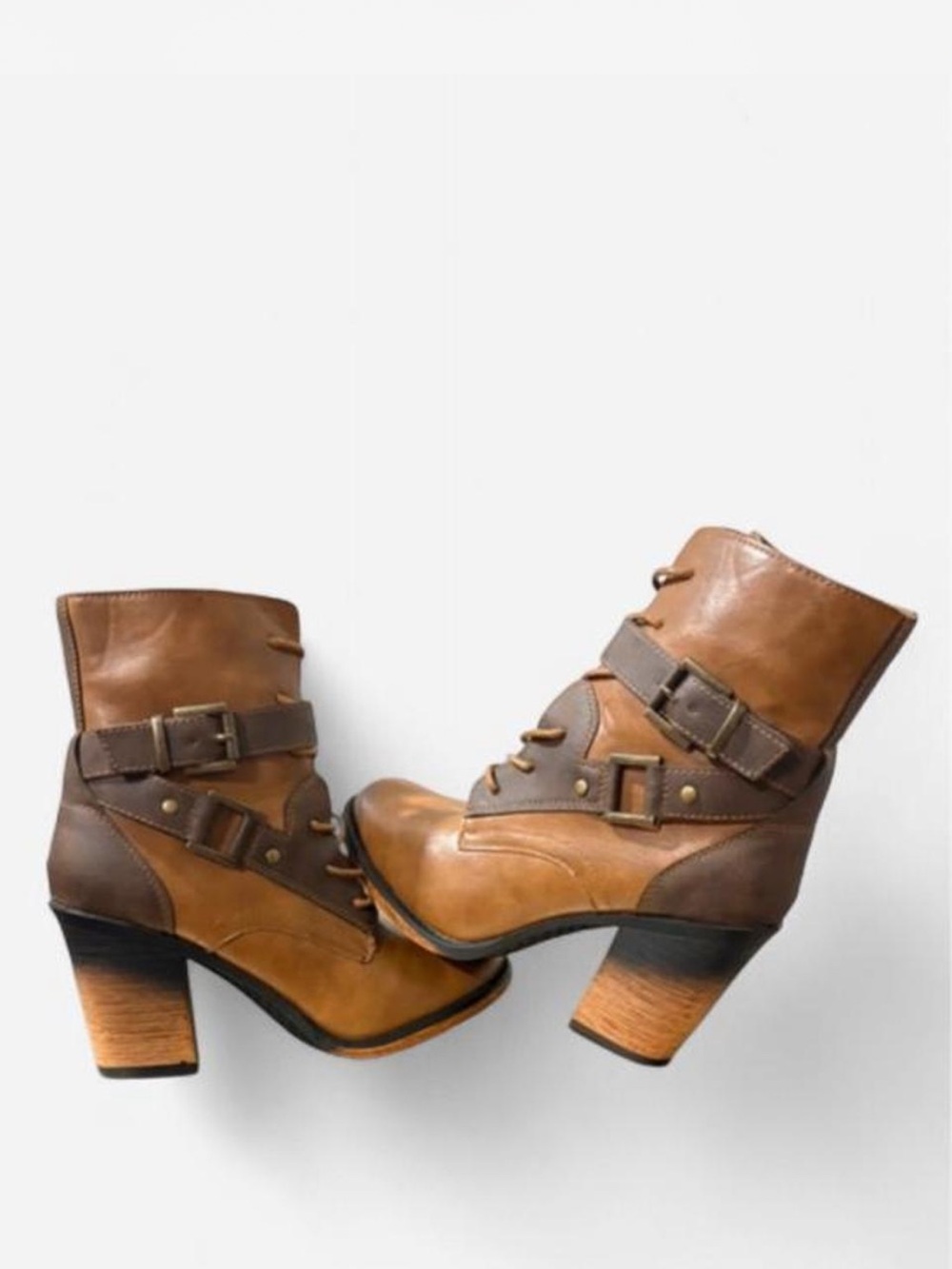 Pierre Dumas Two-Tone Tan and Brown Buckle Ankle Boots